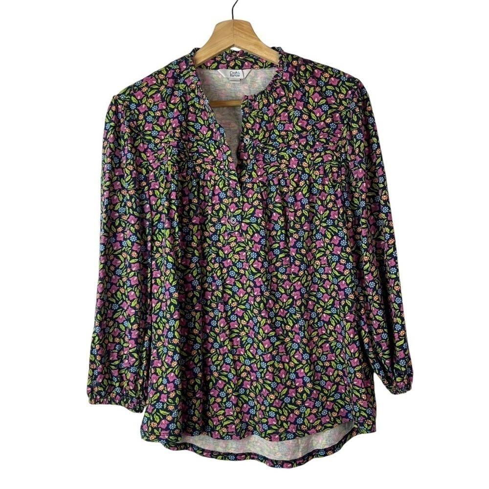 Croft & Barrow Navy Blue Pink & Green Floral Split Neck Long Sleeve M